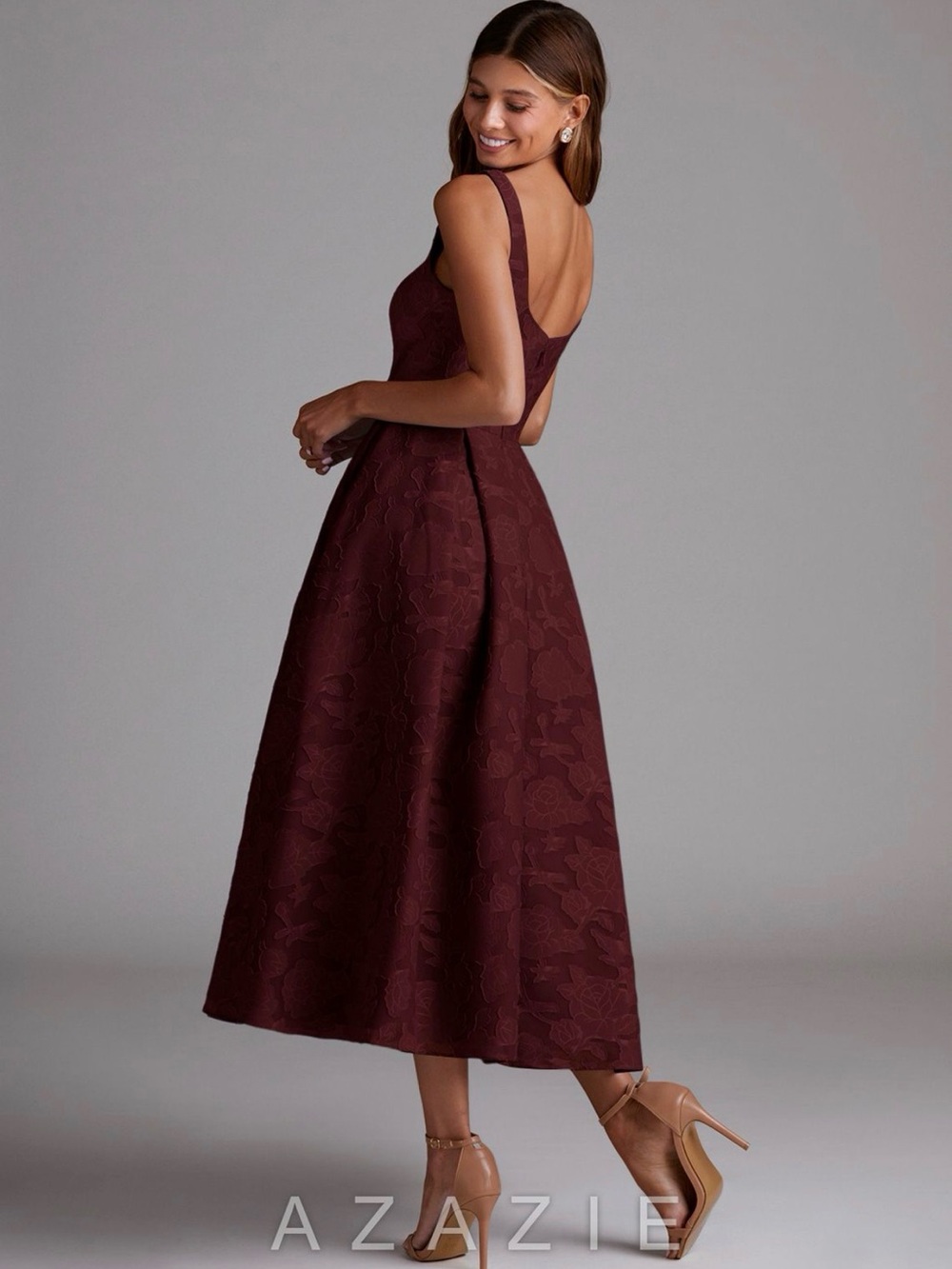 Azazie Burgundy Square-Neck Jacquard Midi Dress - Picture 2 of 9